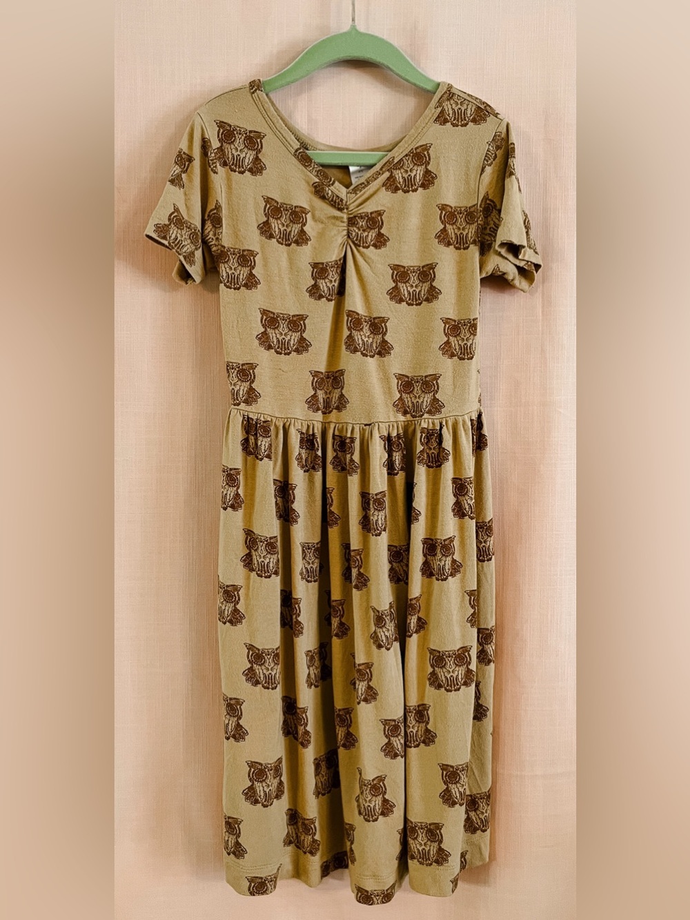 Kate Quinn Organic Golden Tan Dress with Brown Owl Print